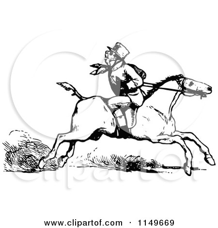 Clipart of a Retro Vintage Black and White Man Riding a Horse Backwards - Royalty Free Vector Illustration by Prawny Vintage
