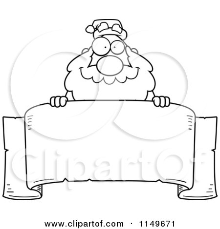 Cartoon Clipart Of A Black And White Santa Looking over a Blank Banner - Vector Outlined Coloring Page by Cory Thoman