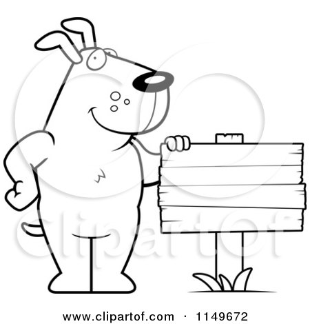 Cartoon Clipart Of A Black And White Dog Standing Beside a Blank Wood Sign - Vector Outlined Coloring Page by Cory Thoman
