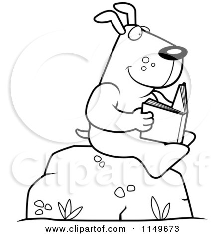 Cartoon Clipart Of A Black And White Dog Reading a Book on a Boulder - Vector Outlined Coloring Page by Cory Thoman