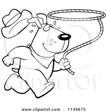 Cartoon Clipart Of A Black And White Rodeo Dog Running with a Lasso - Vector Outlined Coloring Page by Cory Thoman