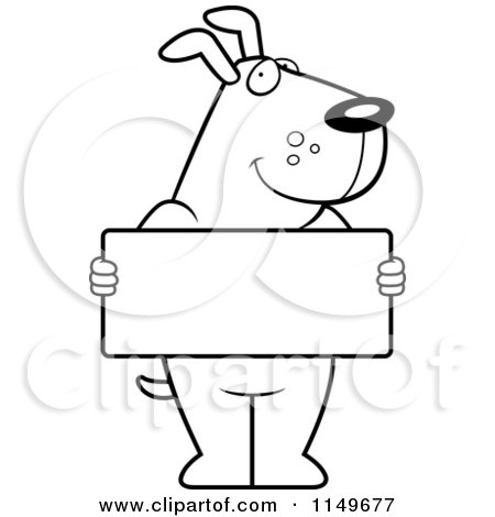 Cartoon Clipart Of A Black And White Friendly Dog Holding a Blank White Sign - Vector Outlined Coloring Page by Cory Thoman