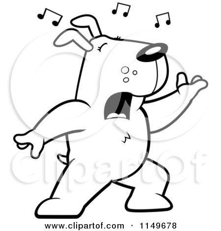 Cartoon Clipart Of A Black And White Singing Dog with Music Notes - Vector Outlined Coloring Page by Cory Thoman