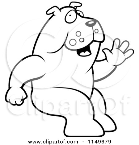 Cartoon Clipart Of A Black And White Friendly Sitting Bulldog Waving - Vector Outlined Coloring Page by Cory Thoman