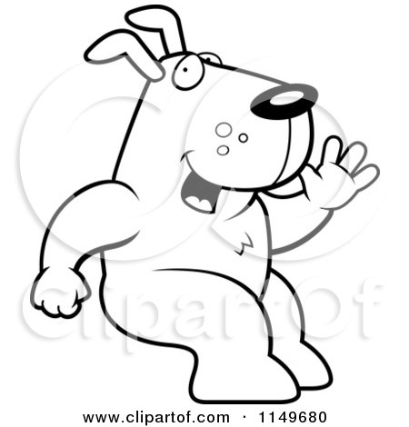 Cartoon Clipart Of A Black And White Friendly Dog Sitting and Waving - Vector Outlined Coloring Page by Cory Thoman