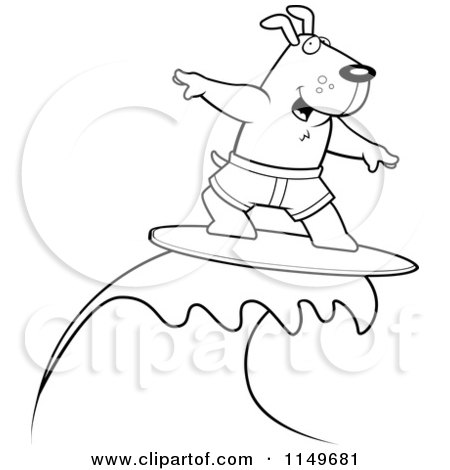 Cartoon Clipart Of A Black And White Surfing Doggy Character Riding a Blue Wave - Vector Outlined Coloring Page by Cory Thoman