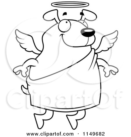 Cartoon Clipart Of A Black And White Floating Angel Dog - Vector Outlined Coloring Page by Cory Thoman