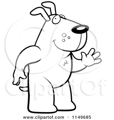 Cartoon Clipart Of A Black And White Friendly Dog Standing on His Hind Legs and Waving - Vector Outlined Coloring Page by Cory Thoman