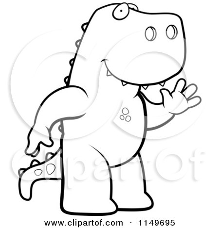 Cartoon Clipart Of A Black And White Friendly T Rex Standing on His Hind Legs and Waving - Vector Outlined Coloring Page by Cory Thoman
