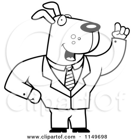 Cartoon Clipart Of A Black And White Business Dog with an Idea - Vector Outlined Coloring Page by Cory Thoman