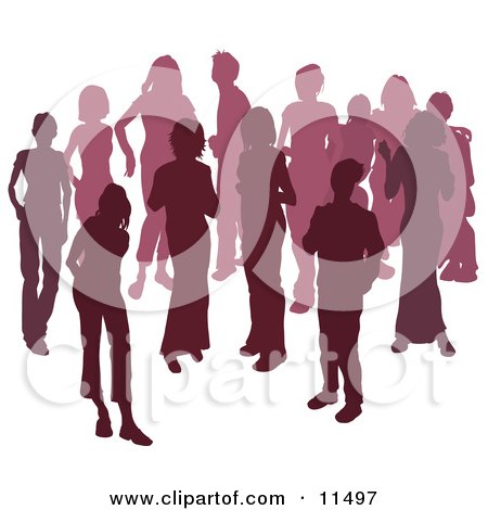 Two Women Chatting Among a Crowd of Silhouetted Purple People Clipart Illustration by AtStockIllustration