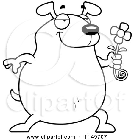 Cartoon Clipart Of A Black And White Chubby Dog Presenting a Daisy - Vector Outlined Coloring Page by Cory Thoman