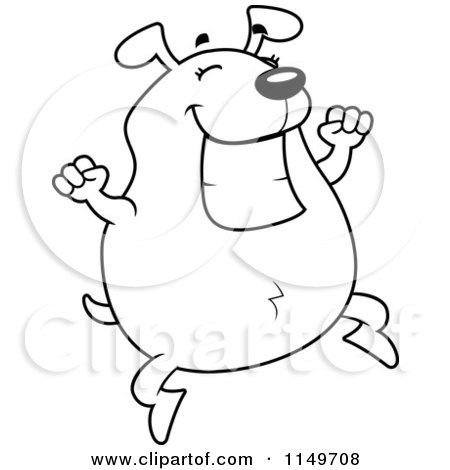 Cartoon Clipart Of A Black And White Chubby Dog Smiling and Jumping - Vector Outlined Coloring Page by Cory Thoman