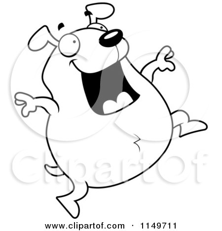 Cartoon Clipart Of A Black And White Chubby Dog Jumping - Vector Outlined Coloring Page by Cory Thoman