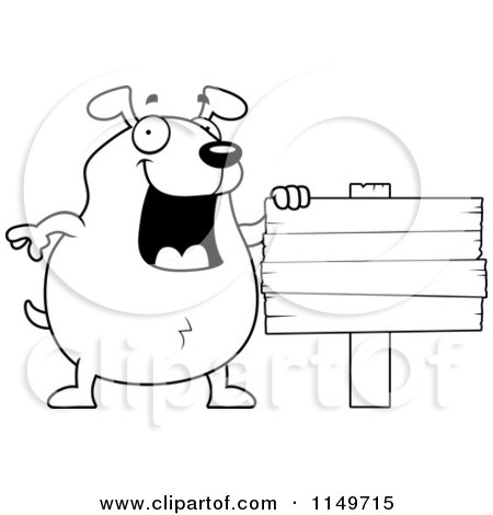 Cartoon Clipart Of A Black And White Chubby Dog Beside a Blank Sign - Vector Outlined Coloring Page by Cory Thoman
