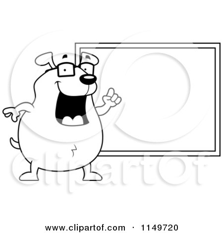 Cartoon Clipart Of A Black And White Teacher Dog Pointing to a Chalk Board - Vector Outlined Coloring Page by Cory Thoman