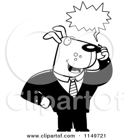 Cartoon Clipart Of A Black And White Business Dog Using a Cell Phone - Vector Outlined Coloring Page by Cory Thoman