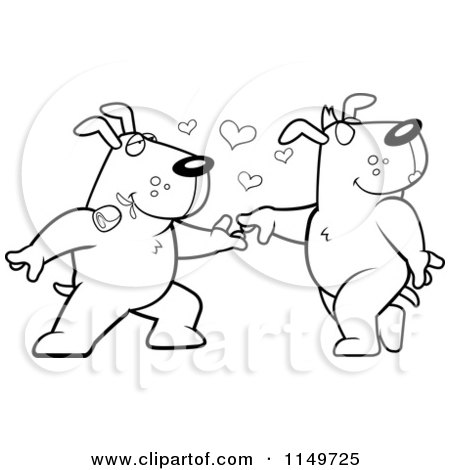 Cartoon Clipart Of A Black And White Amorous Doggy Character Biting a Rose and Dancing with a Female - Vector Outlined Coloring Page by Cory Thoman