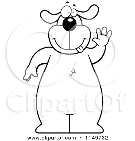 Cartoon Clipart Of A Black And White Friendly Dog Standing Upright and Waving - Vector Outlined Coloring Page by Cory Thoman