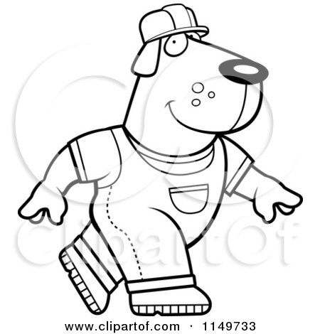 Cartoon Clipart Of A Black And White Builder Dog Walking - Vector Outlined Coloring Page by Cory Thoman
