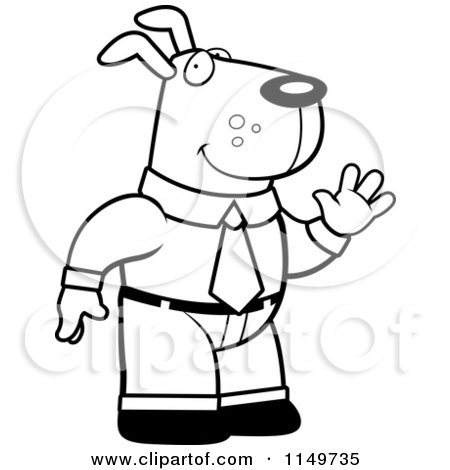 Cartoon Clipart Of A Black And White Business Dog Standing and Waving - Vector Outlined Coloring Page by Cory Thoman