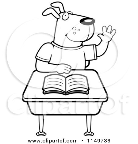 Cartoon Clipart Of A Black And White School Dog Raising His Hand and Sitting at a Desk - Vector Outlined Coloring Page by Cory Thoman