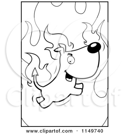 Cartoon Clipart Of A Black And White Flaming Devil Dog - Vector Outlined Coloring Page by Cory Thoman