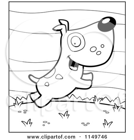Cartoon Clipart Of A Black And White Dog with Spots, Jumping in a Dog Park - Vector Outlined Coloring Page by Cory Thoman