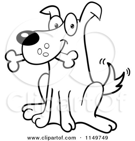 Cartoon Clipart Of A Black And White Happy Sitting Dog with a Bone in His Mouth - Vector Outlined Coloring Page by Cory Thoman