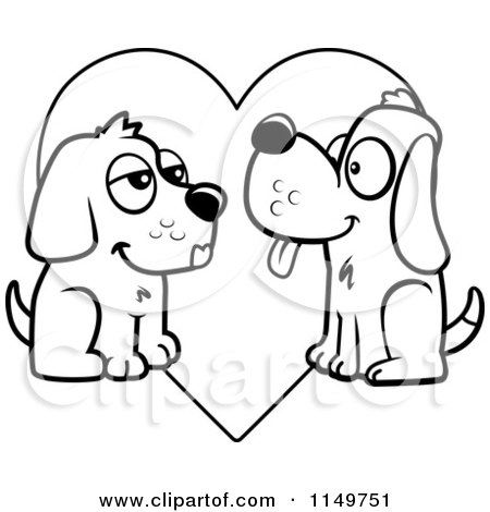Cartoon Clipart Of A Black And White Pair of Dogs in Love over a Heart - Vector Outlined Coloring Page by Cory Thoman