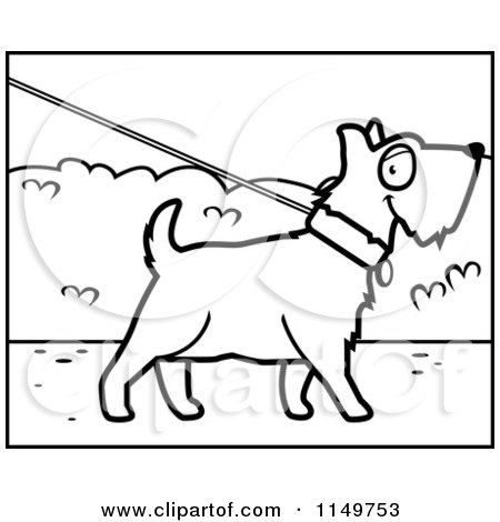 Cartoon Clipart Of A Black And White Dog On A Leash - Vector Outlined Coloring Page by Cory Thoman