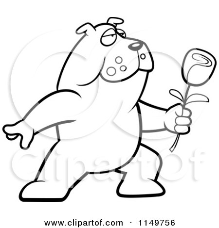 Cartoon Clipart Of A Black And White Romantic Bulldog Holding out a Rose - Vector Outlined Coloring Page by Cory Thoman