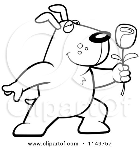 Cartoon Clipart Of A Black And White Romantic Dog Presenting a Rose - Vector Outlined Coloring Page by Cory Thoman