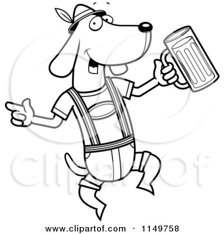 Cartoon Clipart Of A Black And White German Oktoberfest Wiener Dog - Vector Outlined Coloring Page by Cory Thoman