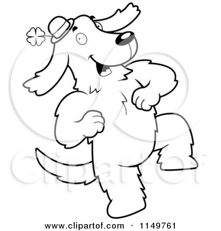 Cartoon Clipart Of A Black And White Dancing Irish Dog Wearing a Clover Hat - Vector Outlined Coloring Page by Cory Thoman
