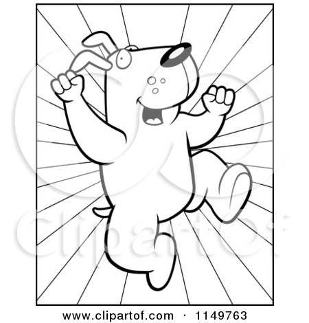 Cartoon Clipart Of A Black And White Joyous Dog Leaping over Rays - Vector Outlined Coloring Page by Cory Thoman
