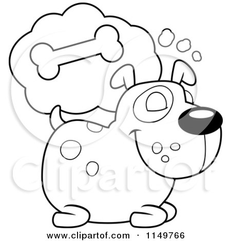 Cartoon Clipart Of A Black And White Chubby Dog Dreaming of a Crunchy Bone - Vector Outlined Coloring Page by Cory Thoman