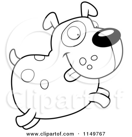 Cartoon Clipart Of A Black And White Chubby Spotted Dog Jumping - Vector Outlined Coloring Page by Cory Thoman