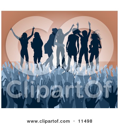 Blue Group of Silhouetted Women Raising Their Arms and Celebrating on Stage at a Concert Clipart Illustration by AtStockIllustration