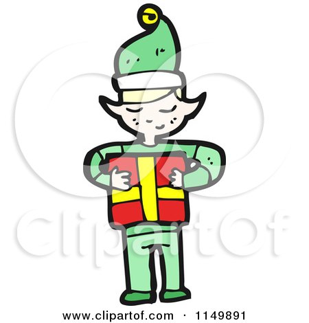 Cartoon of a Christmas Elf Holding a Gift - Royalty Free Vector Clipart by lineartestpilot
