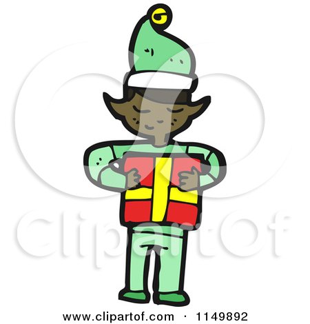 Cartoon of a Christmas Elf Holding a Gift - Royalty Free Vector Clipart by lineartestpilot
