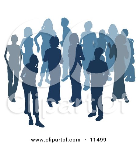 Two Women Chatting Among a Crowd of Silhouetted Blue People Clipart Illustration by AtStockIllustration