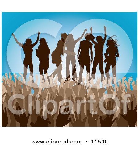 Brown Group of Silhouetted Women Raising Their Arms and Celebrating on Stage at a Concert Clipart Illustration by AtStockIllustration