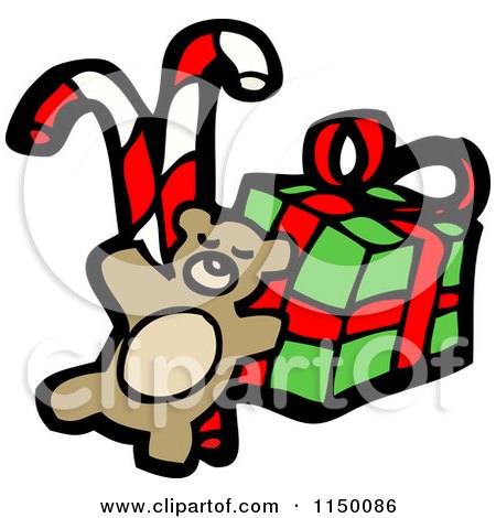 Cartoon of a Teddy Bear with Candy Canes and a Christmas Gift - Royalty Free Vector Clipart by lineartestpilot