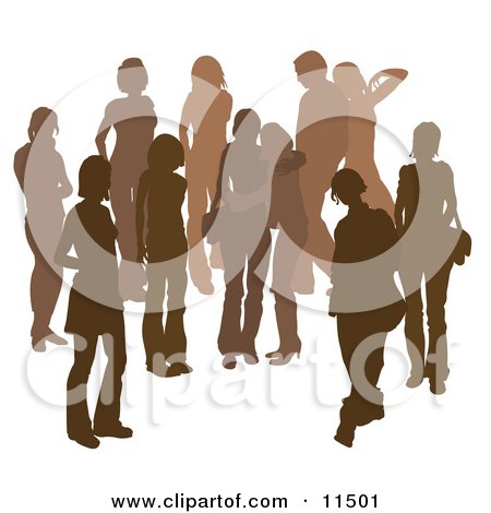 Brown Group of Silhouetted People Hanging Out in a Crowd, Two Friends Embracing in the Middle Clipart Illustration by AtStockIllustration