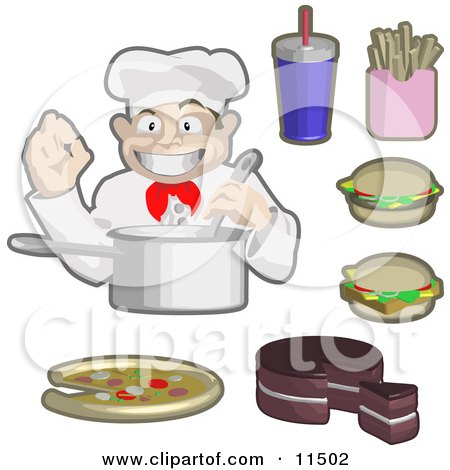 Male Chef Cooking, Surrounded by Soda, Fries, Cheeseburgers, Cake and Piza Clipart Illustration by AtStockIllustration