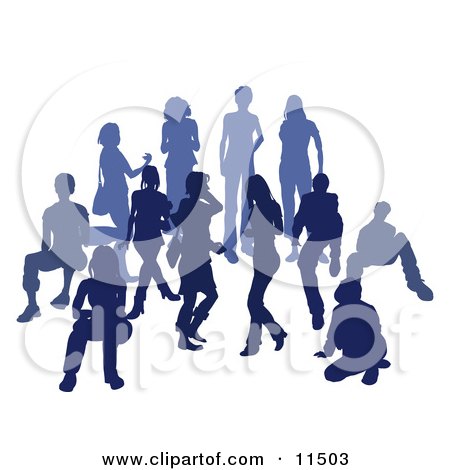 Blue Group of Silhouetted People in a Crowd Clipart Illustration by AtStockIllustration