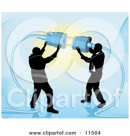 Two Businessmen Working Together to Connect a Plug and Socket Over Blue Clipart Illustration by AtStockIllustration