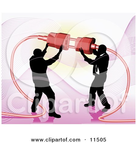 Two Businessmen Working Together to Connect a Plug and Socket Over Pink Clipart Illustration by AtStockIllustration