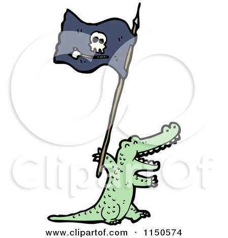 Cartoon of a Pirate Crocodile Waving a Flag - Royalty Free Vector Clipart by lineartestpilot